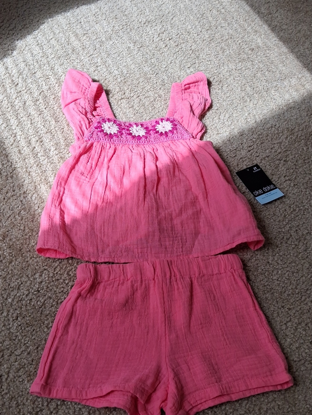 okie dokie 2T Pink Floral Crochet Top & Shorts Set Outfit